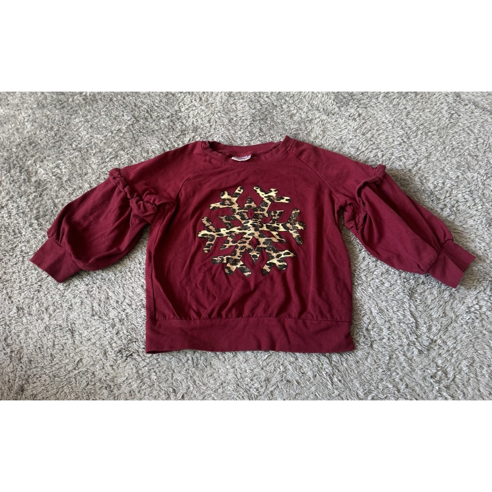 Boutique Girls Snowflake Sweatshirt M Burgundy Leopard Print Ruffle Sleeve